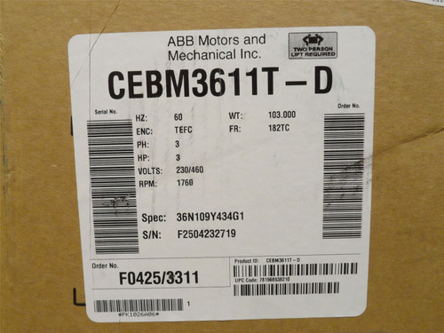 Baldor CEBM3611T-D; Brake Motor 3HP; 230/460V; 1760RPM; 3PH
