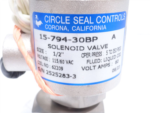 Circle Seal 15-794-30BP; Solenoid Valve; 1/2 x 3/4NPT; 350PSI