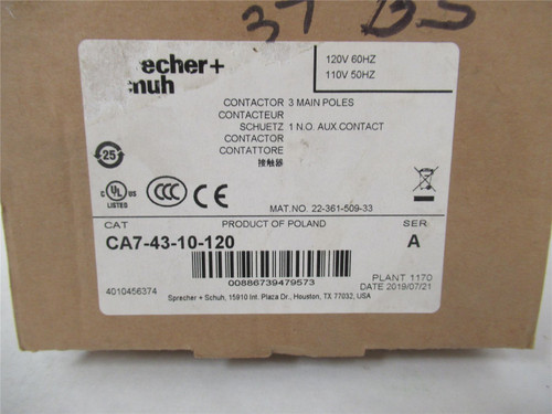 Sprecher+Schuh CA7-43-10-120; Contactor 43A 3P Coil 120VAC