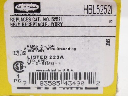 Hubbell HBL5252I; Ivory Receptacle; Industrial; 15A; 125VAC