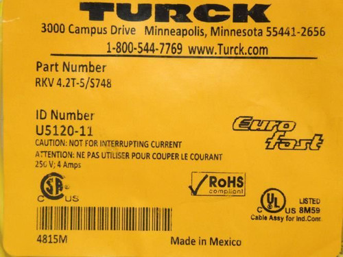 Turck RKV4.2T-5/S748; Straight EuroFast Cordset U5120-11; 5m