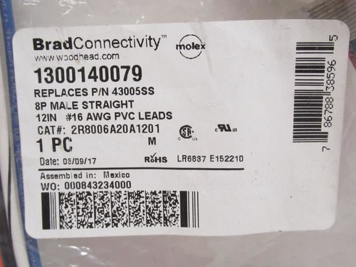 Woodhead 1300140079; Single Keyway Cordset 2R8006A20A1201