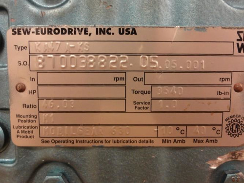 SEW-EuroDrive KA47A-KS; Gearbox; 46.03:1; 3540lb-in Ouput Torque