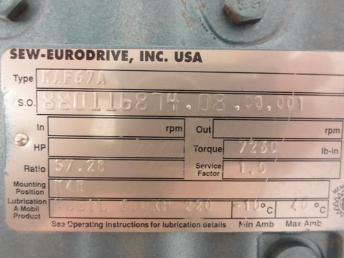 SEW KAF67A; Gearbox; 57.28 Ratio; 7260 lb-in Torque; Ser: K