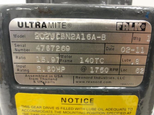 Falk 4767269; Gearbox 15:97 Ratio; 2.6Hp In; 1750RPM out