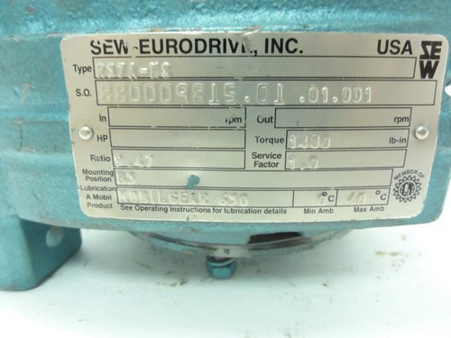 SEW R37A-KS; Gearbox; 9.47:1Ratio; Torque: 1480 In-lbs