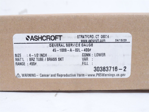 Ashcroft 45-1009-A-02L-400; Pressure Gauge; 0-400PSI; SS