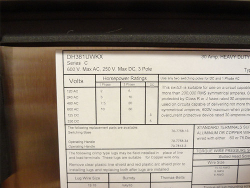 Eaton DH361UWKX; Single-Throw Non-Fused Safety Switch SS 30A