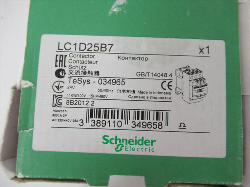 Schneider LC1D25B7; Contactor 25A 3P Coil 24VAC