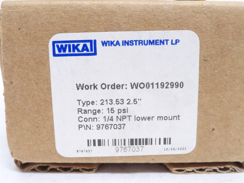 Wika 9767037; Liquid Filled Pressure Gauge 0-15PSI; 2.5" Dial