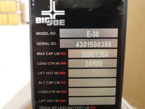 Big Joe E-30; Powered Pallet Jack; Needds Battery (65Ah) 3000LBScap