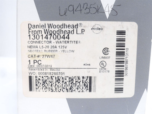 Woodhead 1301470044; Watertight Locking Connector 27W47; 20A