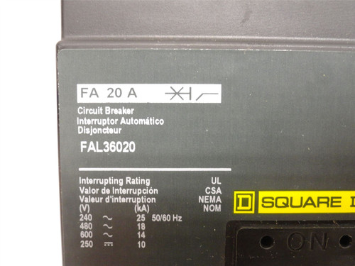 Square D FAL36020; Circuit Breaker; 20A; 3-Pole; 600VAC