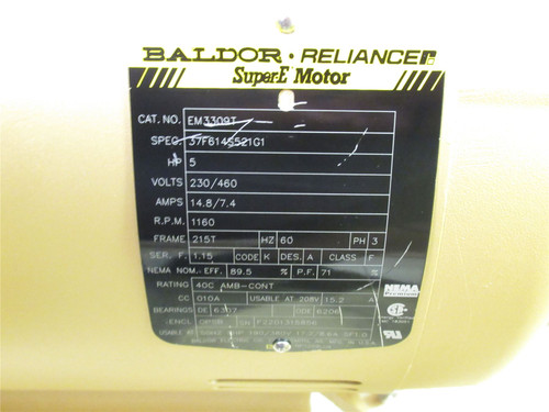 Baldor EM3309T; AC Motor; 5HP; 230/460V; 1160RPM; 3Ph