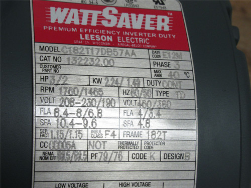 Leeson C182T17DB57AA; AC Motor; 3HP; 208-230V; 1800RPM; 3Ph