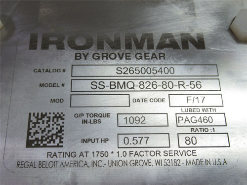 Grove Gear SS-BMQ-826-80-R-56; Gearbox; 80:1; 0.577 Input HP