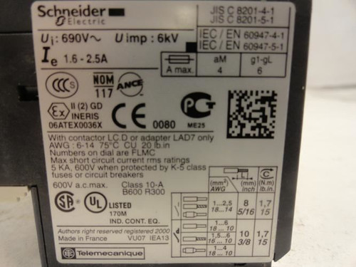 Schneider LRD07; Overload Relay; 600V; 1.6-2.5 A