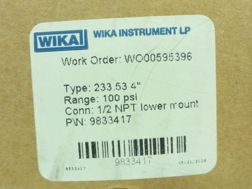 Wika 9833417; Pressure Gauge; 0-100PSI; 1/4"NPT