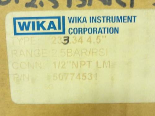 Wika 50774531; Pressure Gauge; 0-2.5Bar; 1/2"NPT