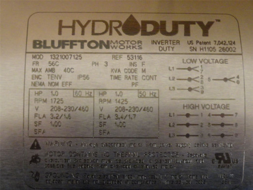 Bluffton 1321007125; AC Motor; 1HP; 230/460V; 1800RPM; 3PH