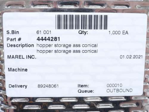 Marel 4444281; Conical Storage Hopper Assembly; SS