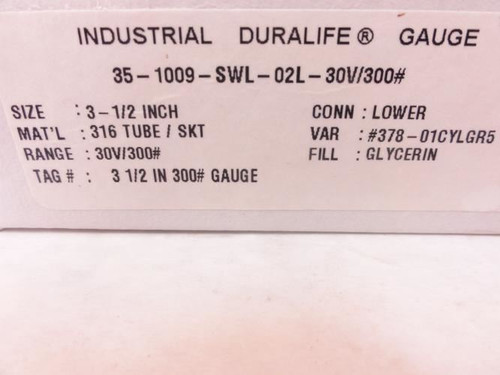 Duralife 35-1009-SWL-02L-30V/300#; Pressure Gauge Vac-0-300 PSI