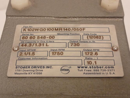 Stober K102WG0100MR140/050F; Geared Speed Reducer; 10:1 Ratio