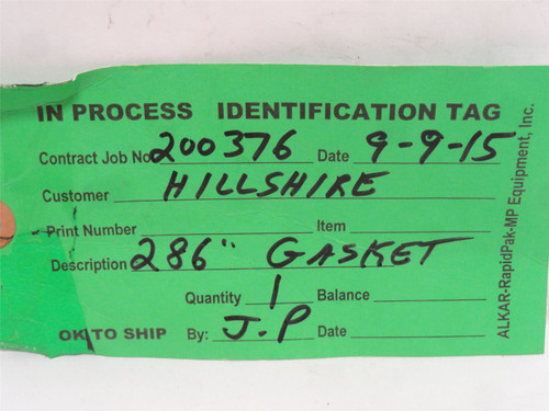 Alkar Rapidpak 0151900/286; Inflatable Gasket 200736; 286"OD