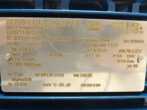 SEW DRN71M4/FE; AC Motor; 1/2HP; 230/460V; 1730RPM; 3PH