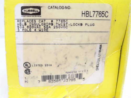 Hubbell HBL7765C; Locking Plug; 50A; 3 Pole; 600VAC/125VDC