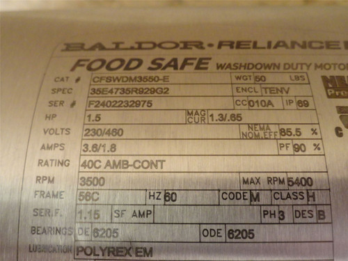 Baldor CFSWDM3550-E; AC Motor; SS; 1-1/2HP; 230/460V; 3500RPM