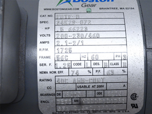 Boston Gear FUTF-B; AC Motor 34K29-872; 1/2HP; 230/460V; 3-Ph