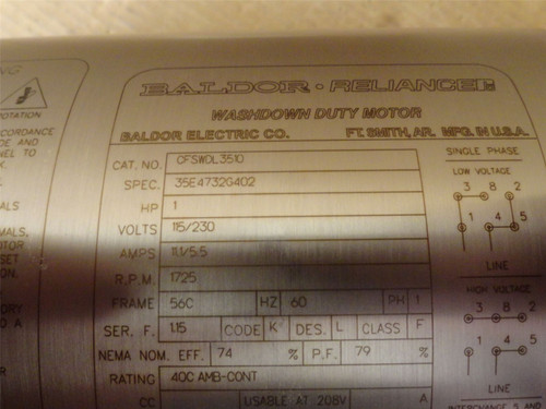Baldor CFSWDL3510; AC Motor; SS; 1HP; 115/230V; 1800RPM; 3PH