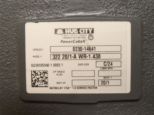 Hub City 0230-14641; Gearbox 20:1 Ratio 322 20/1-A WR-1.438