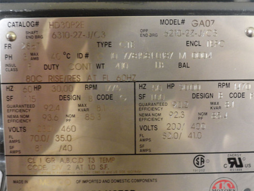 US Motors HD30P2E; AC Motor 30HP 230/460V 1775RPM 3PH