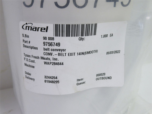 Marel 9756749; Conveyor Belt; Exit 14"in (SMOOTH)