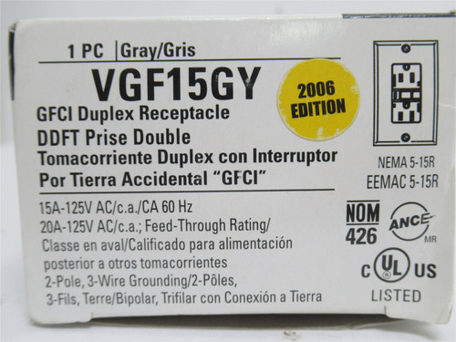 Cooper VGF15GY;  Tamper Resistant GFCI Receptacle; 2P; 2 Wire