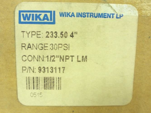 Wika 233.50-4"; Pressure Gauge; 1/2"NPT; 0-30PSI; 4" Face