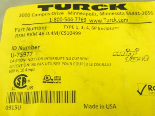 Turck RSMRKM46-0.4M; Extension Cable 3X; 4-Pin; 16AWG; 16"L