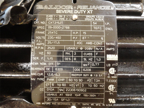 Baldor CXT3152T; Severe Duty Motor; 15HP; 230/460VAC; 3520RPM