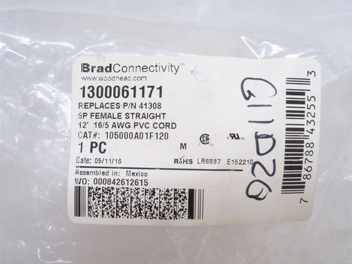 Woodhead 1300061171; Straight Female Cordset 105000A01F120