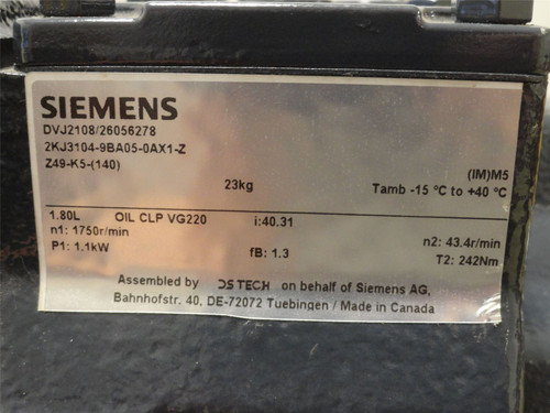 Siemens 2KJ3104-9BA05-0AX1-Z; Gearbox; 40.31:1 Ratio