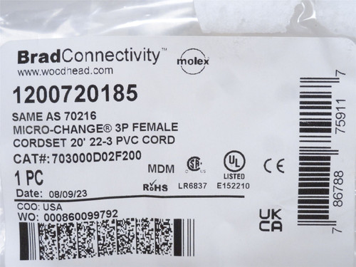 Woodhead 703000D02F200; Female Cordset; 3-Wire; 3P; 20' Long
