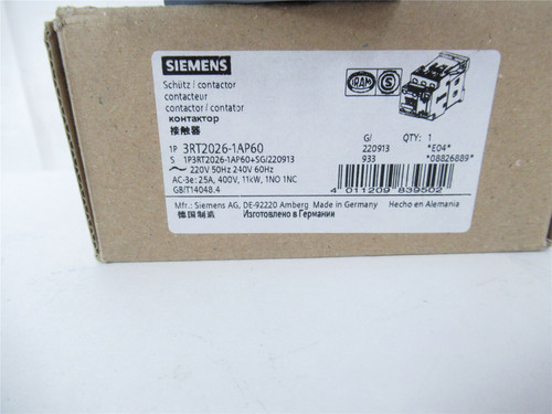 Siemens 3RT2026-1AP60; Contactor 25A 3-Pole Coil 220vac