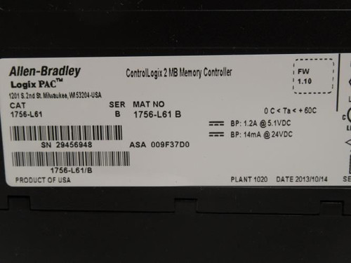 Allen-Bradley 1756-L61; Control Logix Processor 2MB Memory