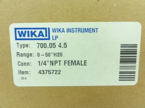 Wika 4375722; Differential Pressure Gauge 0-50inH20; 1/2"NPT