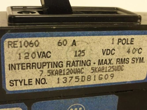 Westinghouse RE1060; Circuit Breaker; 60A; 1-Pole; 120VAC