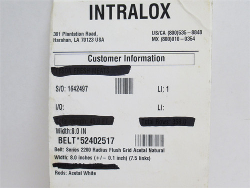 Intralox S2200-19; Sideflexing Belt; 19ft Long x 8" Wide