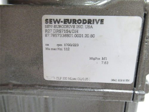 SEW R27DRS71S4/DH; AC Gearmotor; 7.63:1 Ratio; 170/223RPM; 230/460V