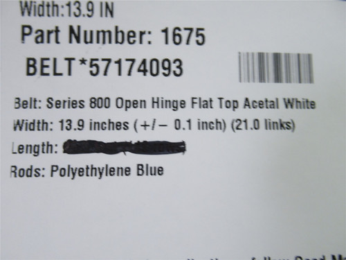 Intralox 1675; Series 800 OpenHinge Flat Top Belt 13.9"Wx18'L